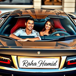 Cristiano Ronaldo and Georgina Rodriguez sitting inside a luxurious sports car, both smiling and enjoying their time together
