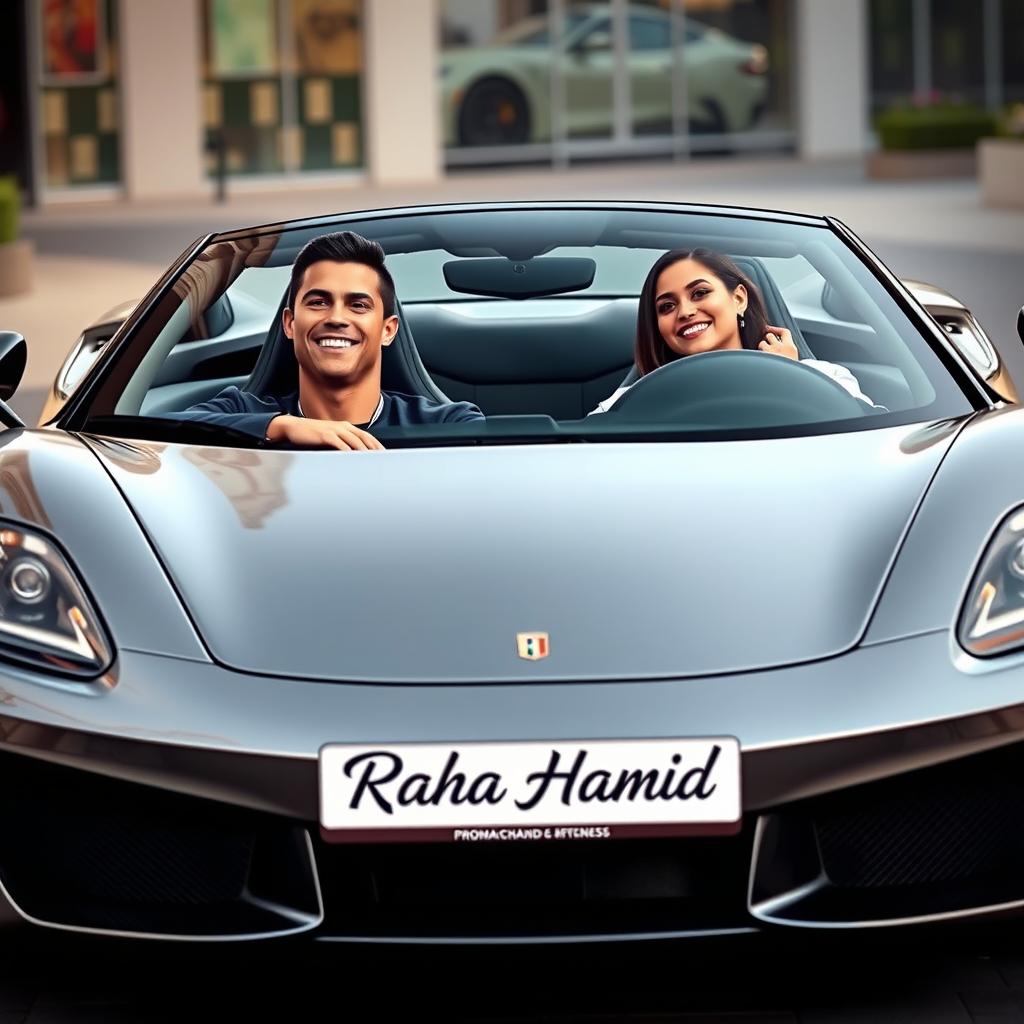 Cristiano Ronaldo and Georgina Rodriguez sitting inside a luxurious sports car, both smiling and enjoying their time together