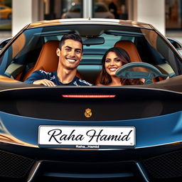 Cristiano Ronaldo and Georgina Rodriguez sitting inside a luxurious sports car, both smiling and enjoying their time together