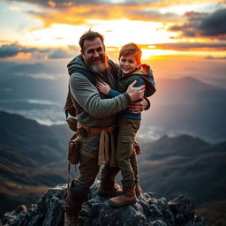 An epic scene of a father and son embracing on a mountain peak, surrounded by a breathtaking landscape of valleys and distant mountains under a dramatic sunset sky
