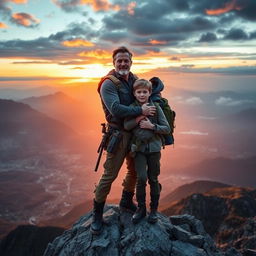 An epic scene of a father and son embracing on a mountain peak, surrounded by a breathtaking landscape of valleys and distant mountains under a dramatic sunset sky