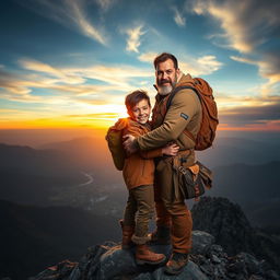 An epic scene of a father and son embracing on a mountain peak, surrounded by a breathtaking landscape of valleys and distant mountains under a dramatic sunset sky