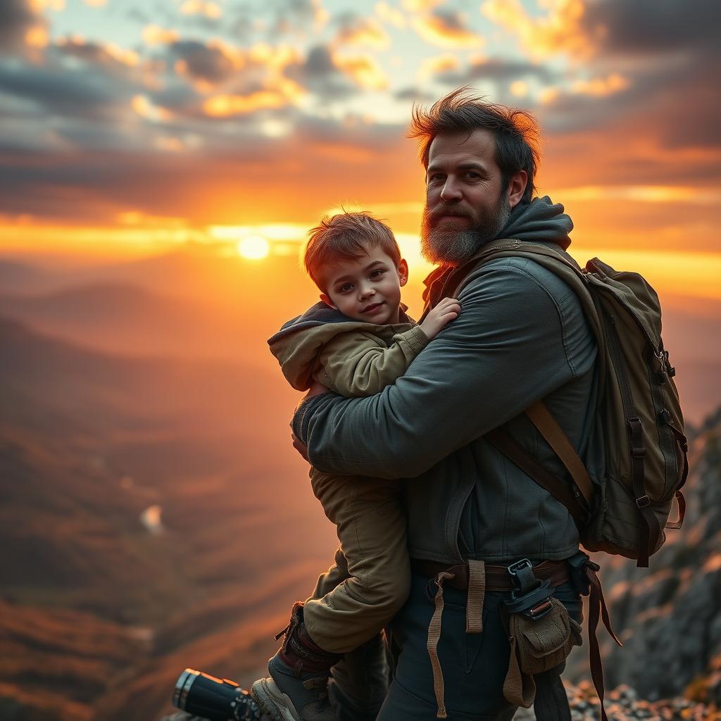 An epic scene of a father and son embracing on a mountain peak, surrounded by a breathtaking landscape of valleys and distant mountains under a dramatic sunset sky