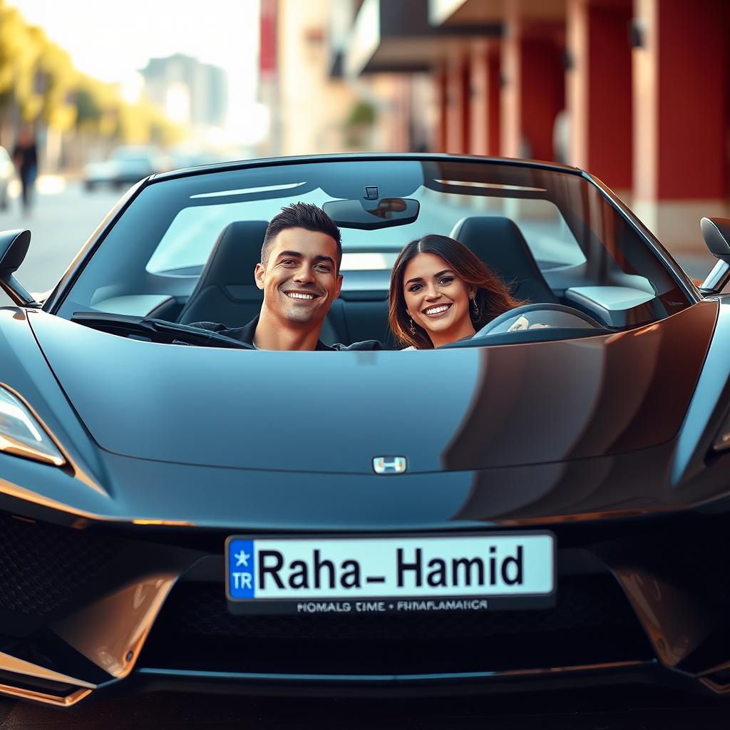 Cristiano Ronaldo and Georgina Rodriguez sitting inside a stunning luxury sports car, both smiling and looking happy