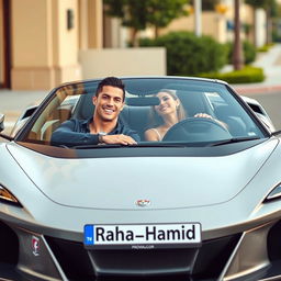 Cristiano Ronaldo and Georgina Rodriguez sitting inside a stunning luxury sports car, both smiling and looking happy