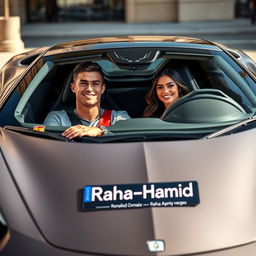 Cristiano Ronaldo and Georgina Rodriguez sitting inside a stunning luxury sports car, both smiling and looking happy
