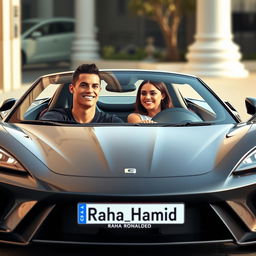 Cristiano Ronaldo and Georgina Rodriguez sitting inside a stunning luxury sports car, both smiling and looking happy