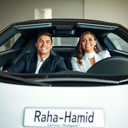 Cristiano Ronaldo and Georgina Rodriguez sitting inside a luxurious, high-performance sports car, both appearing relaxed and joyful