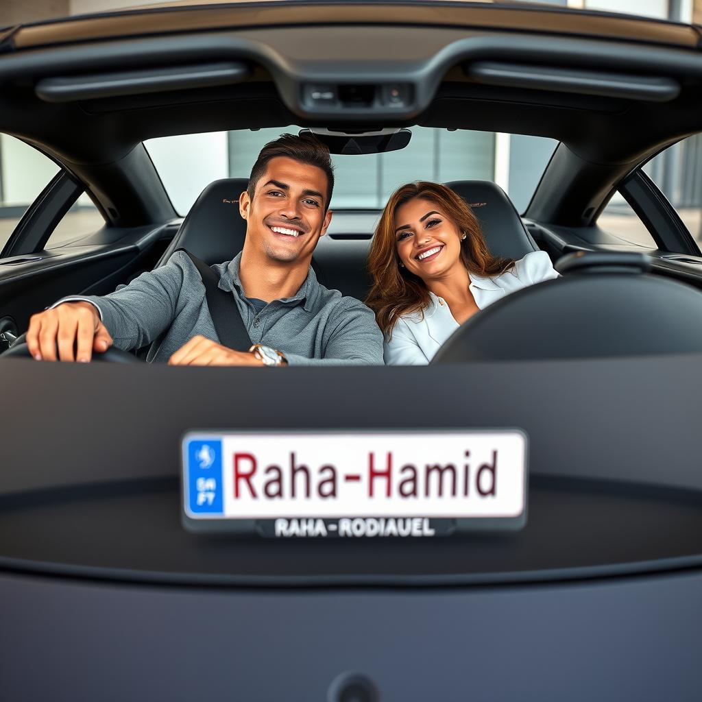 Cristiano Ronaldo and Georgina Rodriguez sitting inside a luxurious, high-performance sports car, both appearing relaxed and joyful