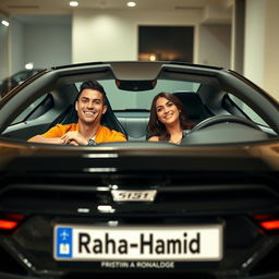Cristiano Ronaldo and Georgina Rodriguez sitting inside a luxurious, high-performance sports car, both appearing relaxed and joyful