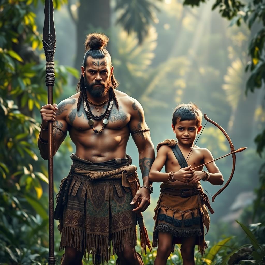 A powerful image of a father and son as tribal warriors standing valiantly together in a lush, vibrant forest