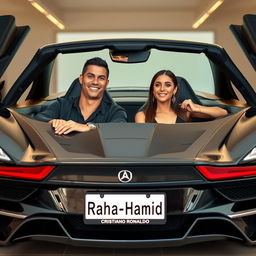 Cristiano Ronaldo and Georgina Rodriguez sitting inside a luxurious, high-performance sports car, both appearing relaxed and joyful