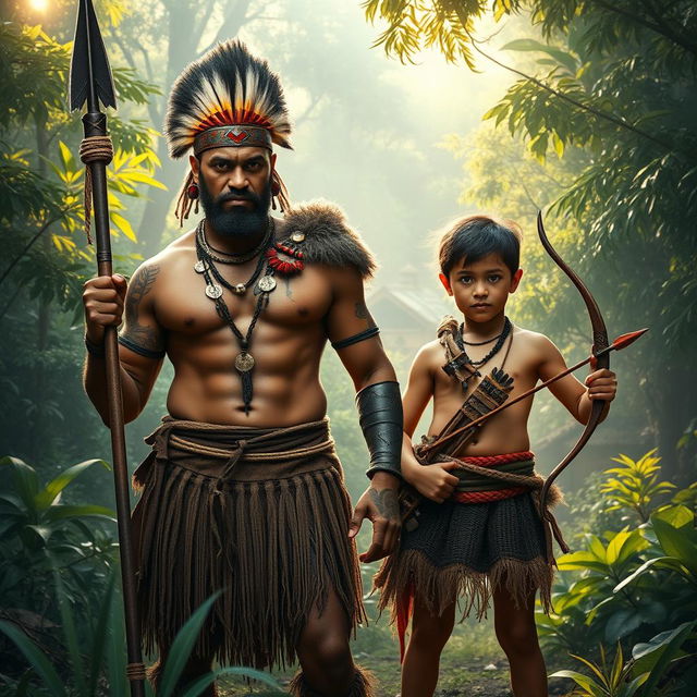 A powerful image of a father and son as tribal warriors standing valiantly together in a lush, vibrant forest