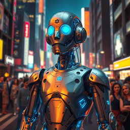 A futuristic cyborg robot character inspired by George Floyd, designed with intricate Jewish symbols and motifs