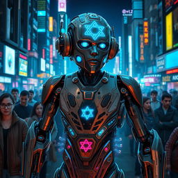 A futuristic cyborg robot character inspired by George Floyd, designed with intricate Jewish symbols and motifs