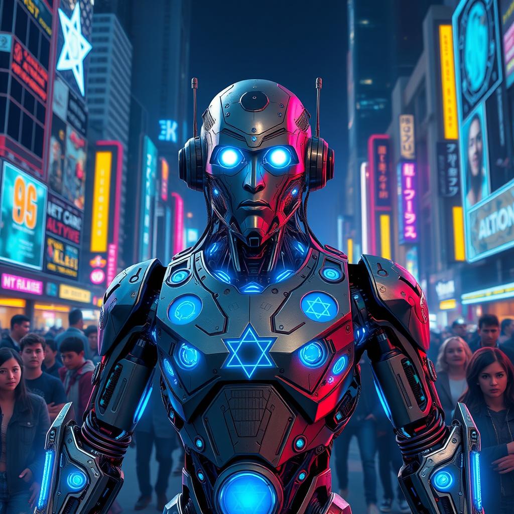 A futuristic cyborg robot character inspired by George Floyd, designed with intricate Jewish symbols and motifs