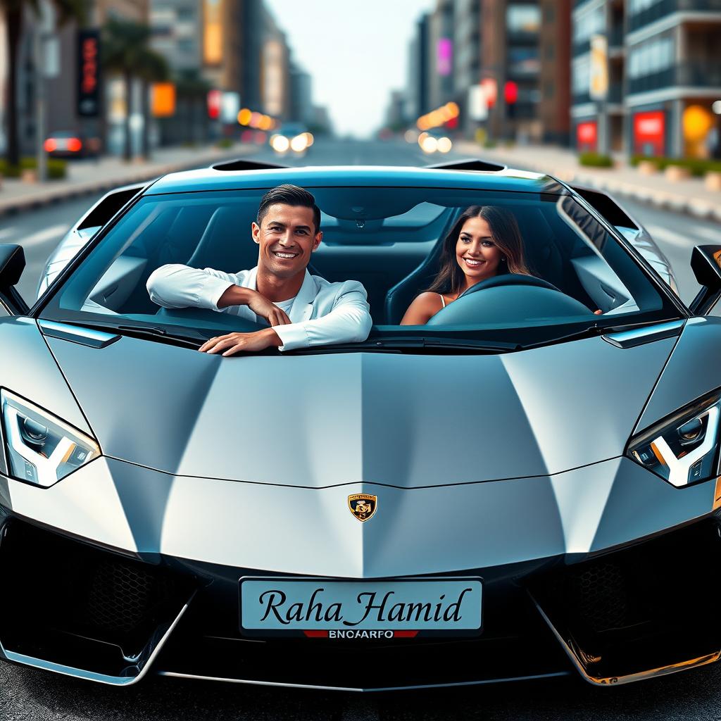 A high-resolution, visually stunning image of Cristiano Ronaldo and Georgina Rodriguez sitting inside an impressive luxury sports car