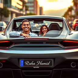 A high-resolution, visually stunning image of Cristiano Ronaldo and Georgina Rodriguez sitting inside an impressive luxury sports car