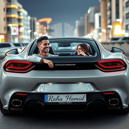 A high-resolution, visually stunning image of Cristiano Ronaldo and Georgina Rodriguez sitting inside an impressive luxury sports car