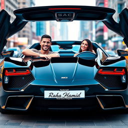 A high-resolution, visually stunning image of Cristiano Ronaldo and Georgina Rodriguez sitting inside an impressive luxury sports car