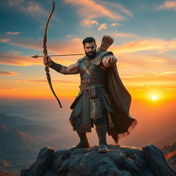 A striking image of Arash, the legendary archer from Persian mythology, standing triumphantly on a rocky mountain top