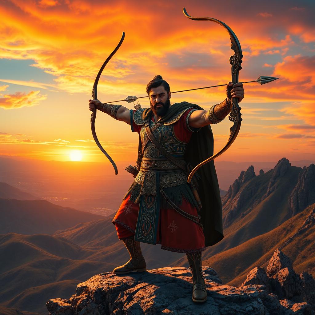 A striking image of Arash, the legendary archer from Persian mythology, standing triumphantly on a rocky mountain top