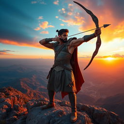 A striking image of Arash, the legendary archer from Persian mythology, standing triumphantly on a rocky mountain top