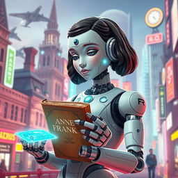A futuristic depiction of a robot inspired by Anne Frank, showcasing a blend of historical and science fiction elements