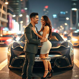 Cristiano Ronaldo and Georgina Rodriguez standing next to a luxurious sports car, with a large license plate reading 'Raha_Hamid'