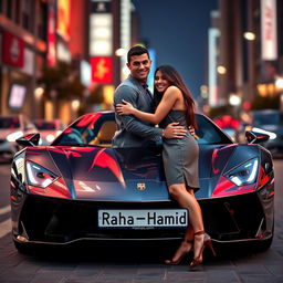Cristiano Ronaldo and Georgina Rodriguez standing next to a luxurious sports car, with a large license plate reading 'Raha_Hamid'