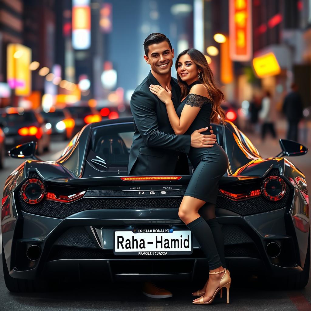 Cristiano Ronaldo and Georgina Rodriguez standing next to a luxurious sports car, with a large license plate reading 'Raha_Hamid'