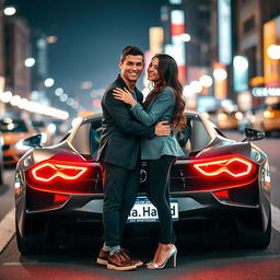 Cristiano Ronaldo and Georgina Rodriguez standing next to a luxurious sports car, with a large license plate reading 'Raha_Hamid'