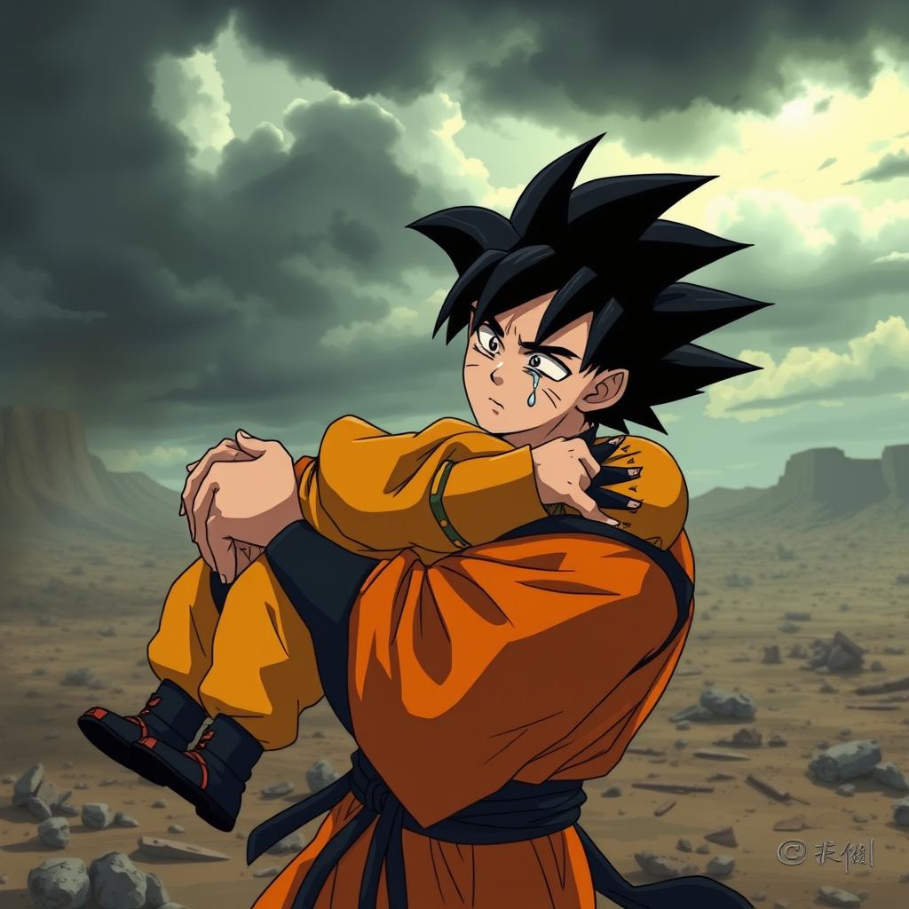 A dramatic scene depicting Goku crying as he carries the lifeless body of Naruto Uzumaki