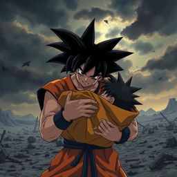 A dramatic scene depicting Goku crying as he carries the lifeless body of Naruto Uzumaki