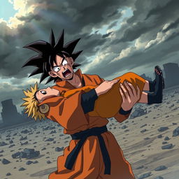 A dramatic scene depicting Goku crying as he carries the lifeless body of Naruto Uzumaki
