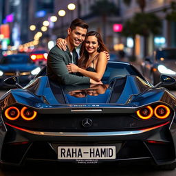 Cristiano Ronaldo and Georgina Rodriguez next to a stunning luxury sports car, prominently displaying a license plate reading 'Raha_Hamid'