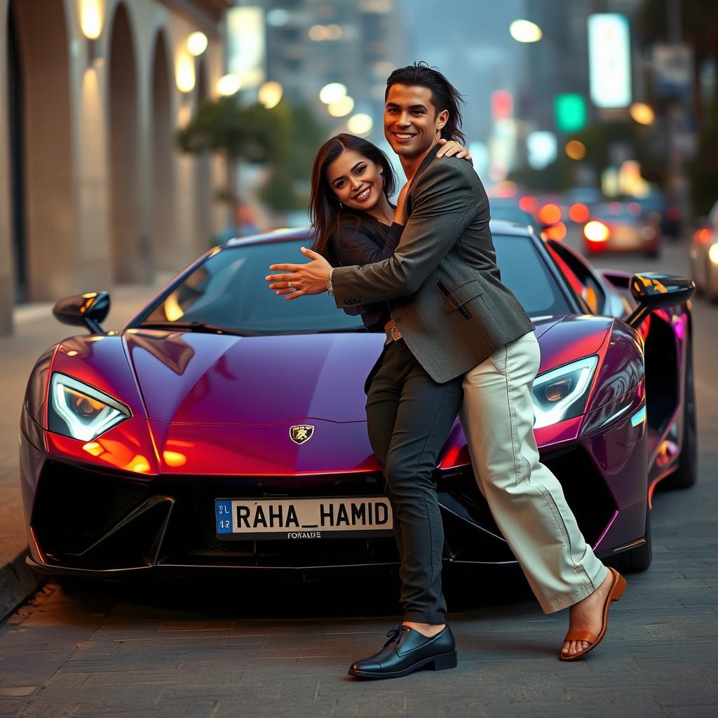 Cristiano Ronaldo and Georgina Rodriguez next to a stunning luxury sports car, prominently displaying a license plate reading 'Raha_Hamid'