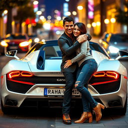 Cristiano Ronaldo and Georgina Rodriguez next to a stunning luxury sports car, prominently displaying a license plate reading 'Raha_Hamid'