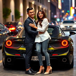 Cristiano Ronaldo and Georgina Rodriguez next to a stunning luxury sports car, prominently displaying a license plate reading 'Raha_Hamid'