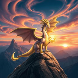 An enchanting scene featuring Pharamp (Ampharos) perched atop Mont Dragon, the majestic mountain setting providing a breathtaking backdrop