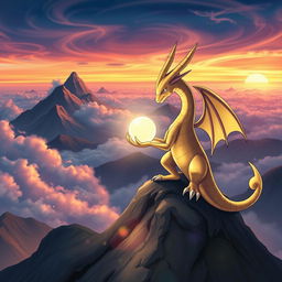 An enchanting scene featuring Pharamp (Ampharos) perched atop Mont Dragon, the majestic mountain setting providing a breathtaking backdrop