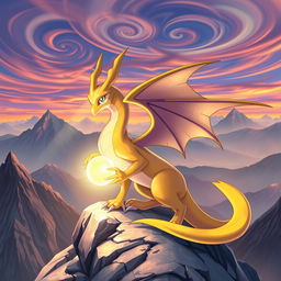 An enchanting scene featuring Pharamp (Ampharos) perched atop Mont Dragon, the majestic mountain setting providing a breathtaking backdrop