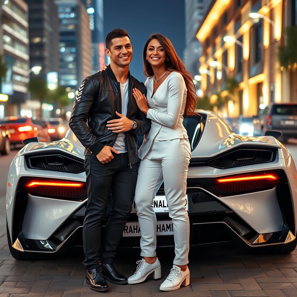 Cristiano Ronaldo and Georgina Rodriguez standing together beside an extravagant sports car, with the license plate clearly displaying 'Raha_Hamid'