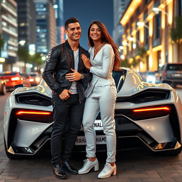 Cristiano Ronaldo and Georgina Rodriguez standing together beside an extravagant sports car, with the license plate clearly displaying 'Raha_Hamid'