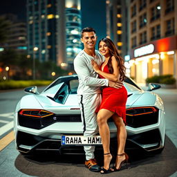 Cristiano Ronaldo and Georgina Rodriguez standing together beside an extravagant sports car, with the license plate clearly displaying 'Raha_Hamid'