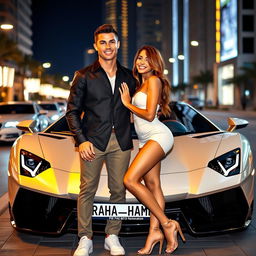 Cristiano Ronaldo and Georgina Rodriguez standing together beside an extravagant sports car, with the license plate clearly displaying 'Raha_Hamid'