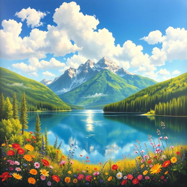 A beautiful and vibrant painting of a serene landscape depicting a tranquil lake surrounded by lush green forests and majestic mountains in the background