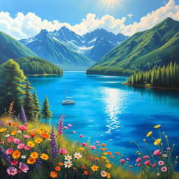A beautiful and vibrant painting of a serene landscape depicting a tranquil lake surrounded by lush green forests and majestic mountains in the background