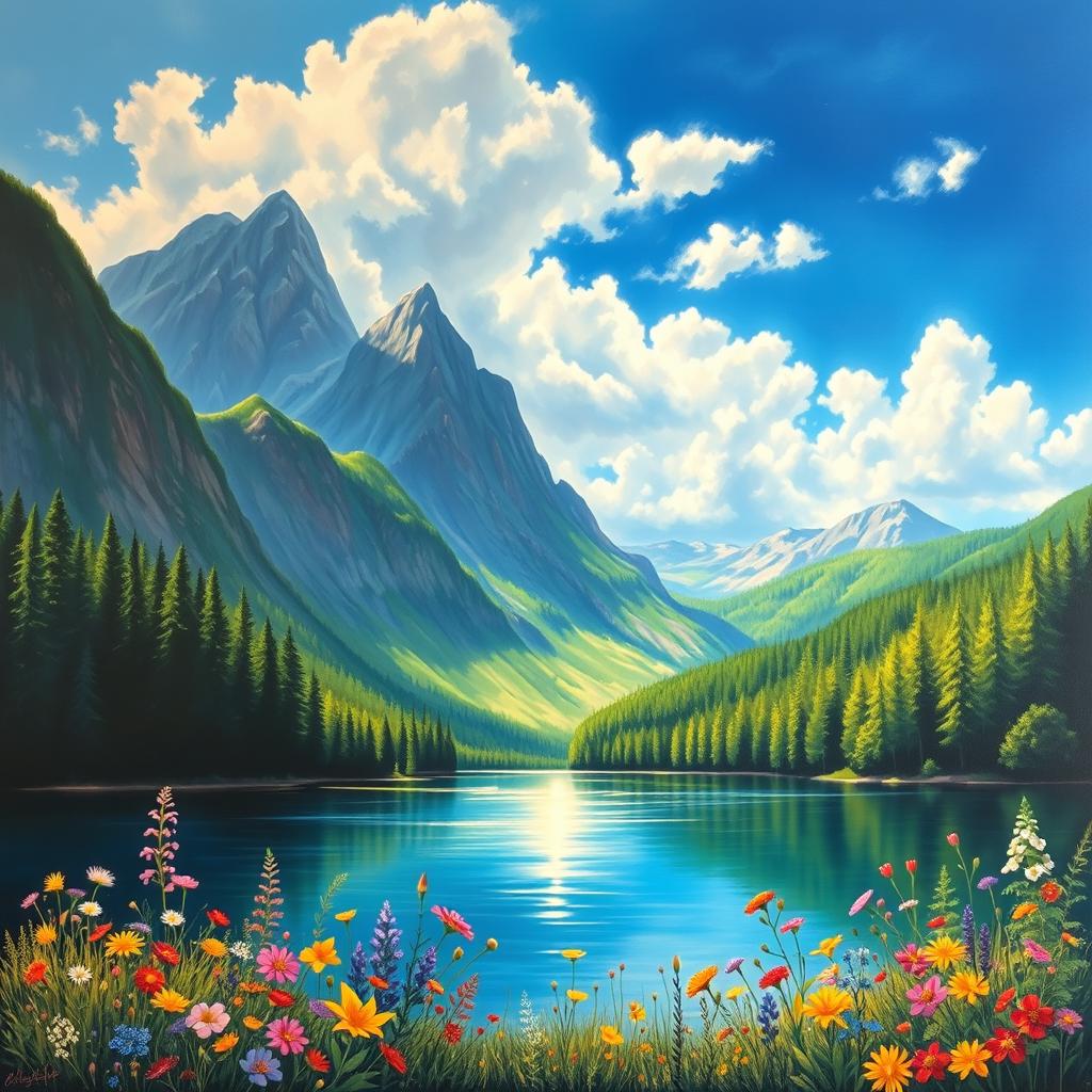 A beautiful and vibrant painting of a serene landscape depicting a tranquil lake surrounded by lush green forests and majestic mountains in the background