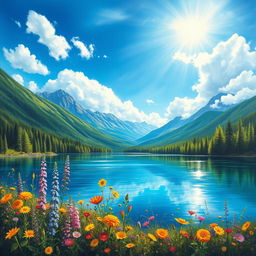 A beautiful and vibrant painting of a serene landscape depicting a tranquil lake surrounded by lush green forests and majestic mountains in the background